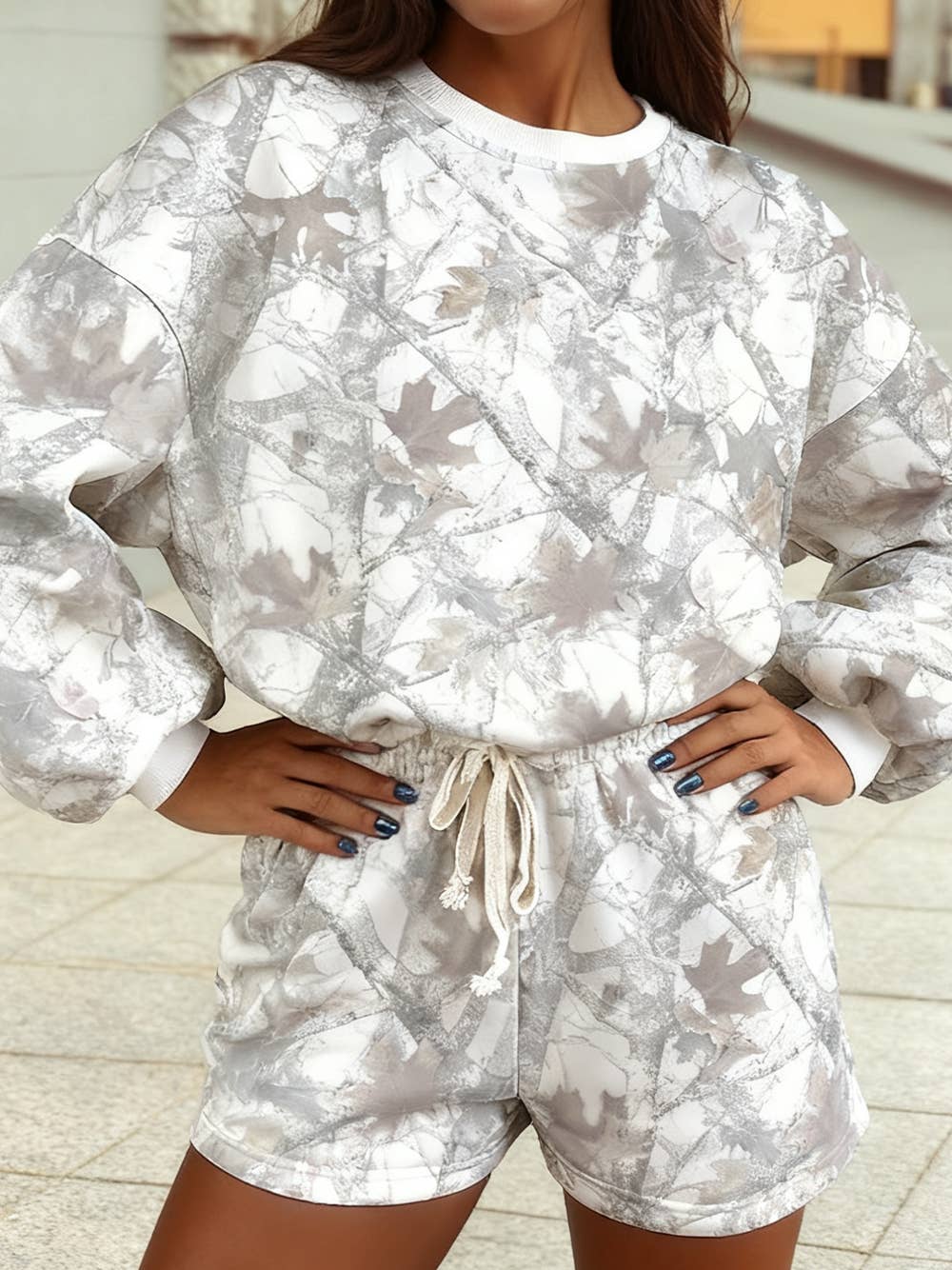 2025 Fall Camo Print Long Sleeve Top and Shorts Set