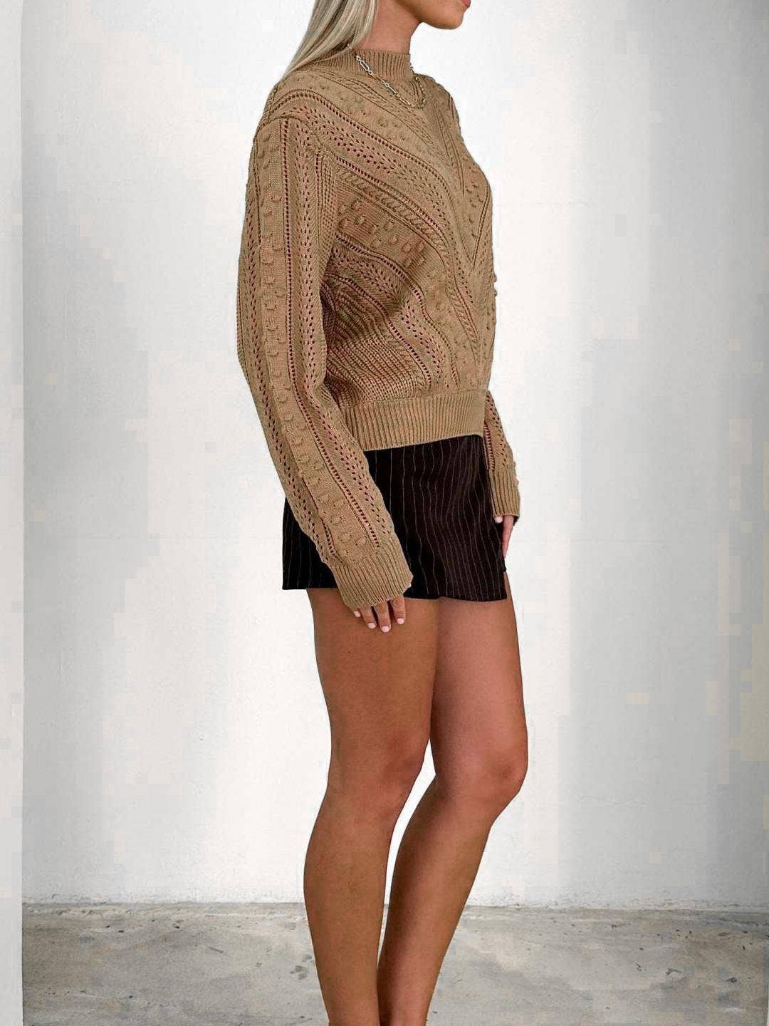 Long Sleeve Textured Knit Sweater with Mock Neck