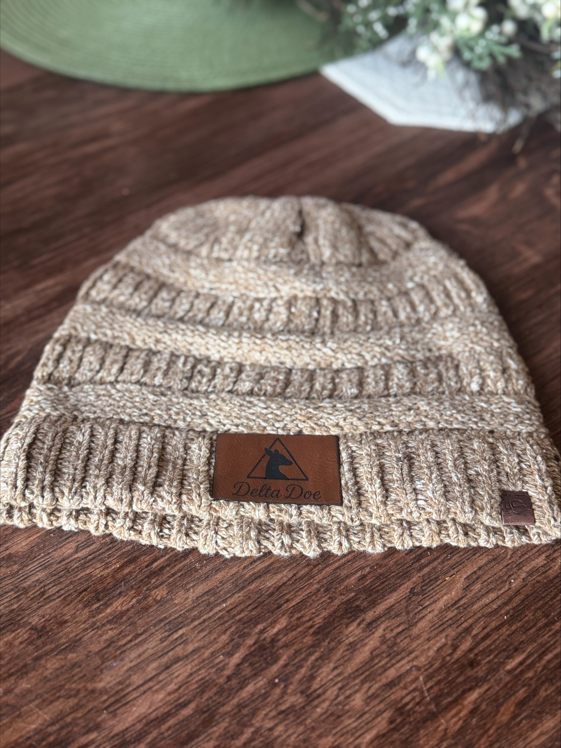 Heathered Brown Beanie with Leather Patch