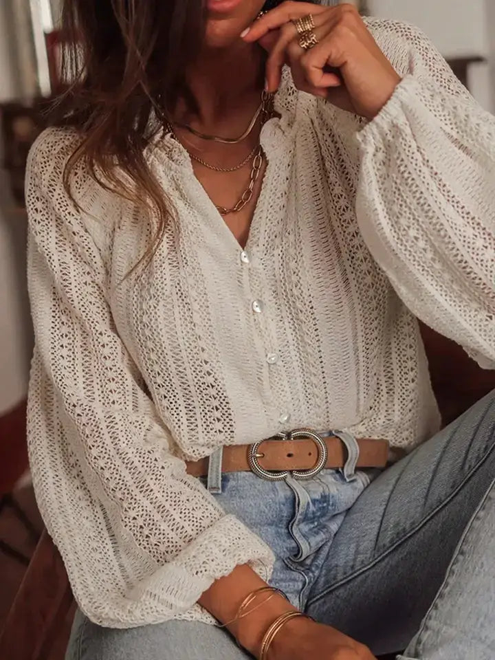 Open Knit Lace V Neck Button Front Blouse