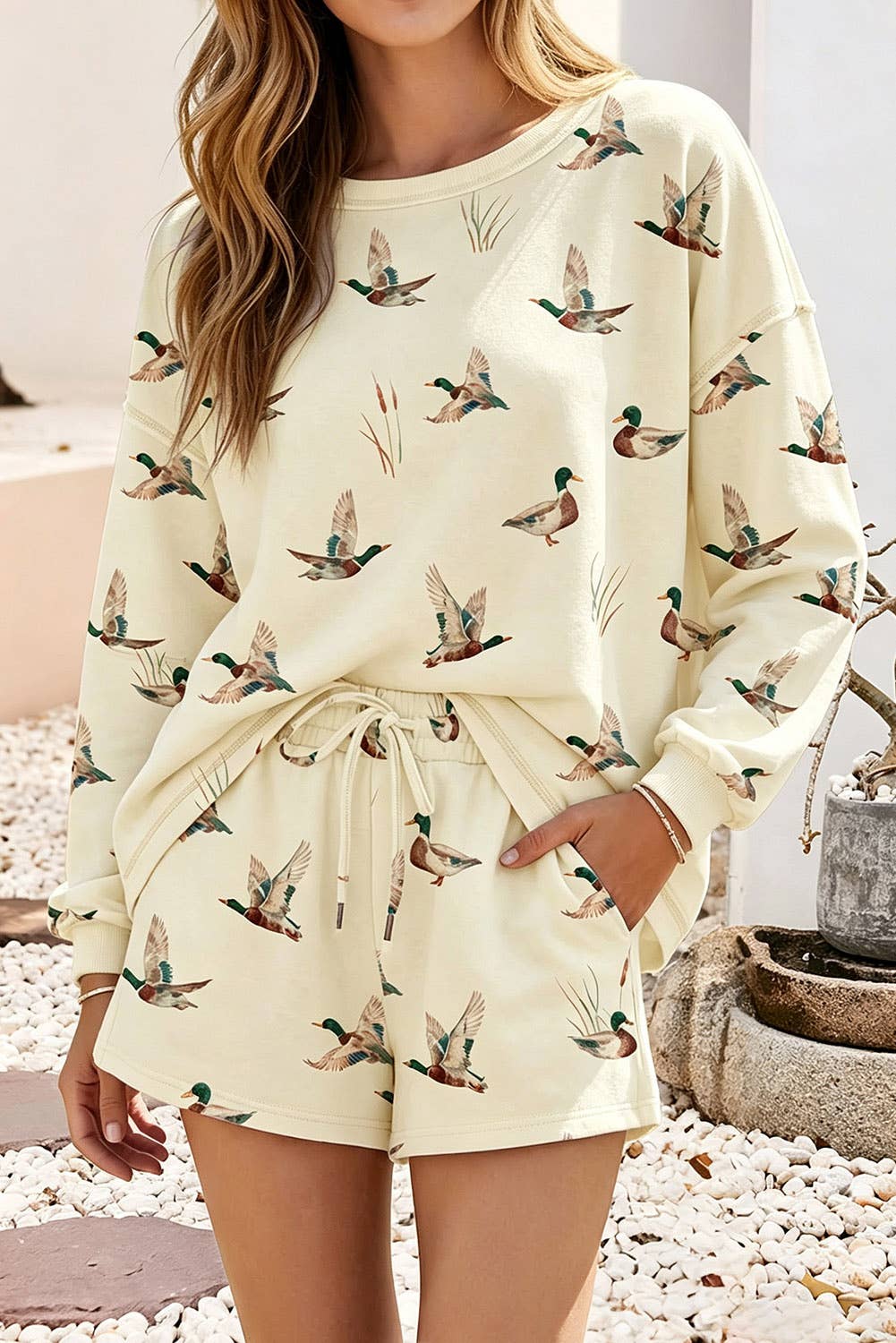 Mallard Print Long Sleeve Top Drawstring Short Set