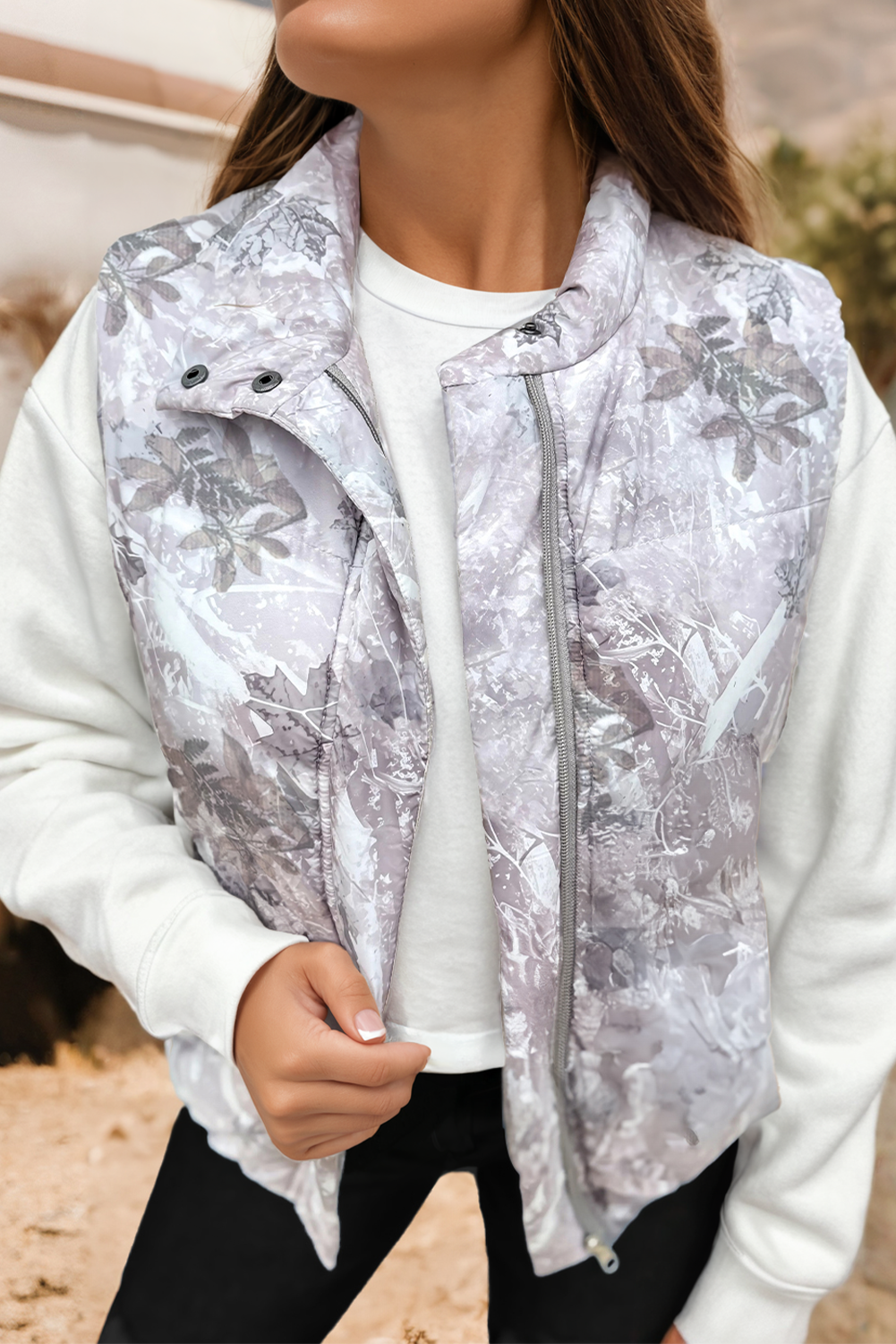 Fashion-W Leafy Abstract Print Winter Puffer Vest