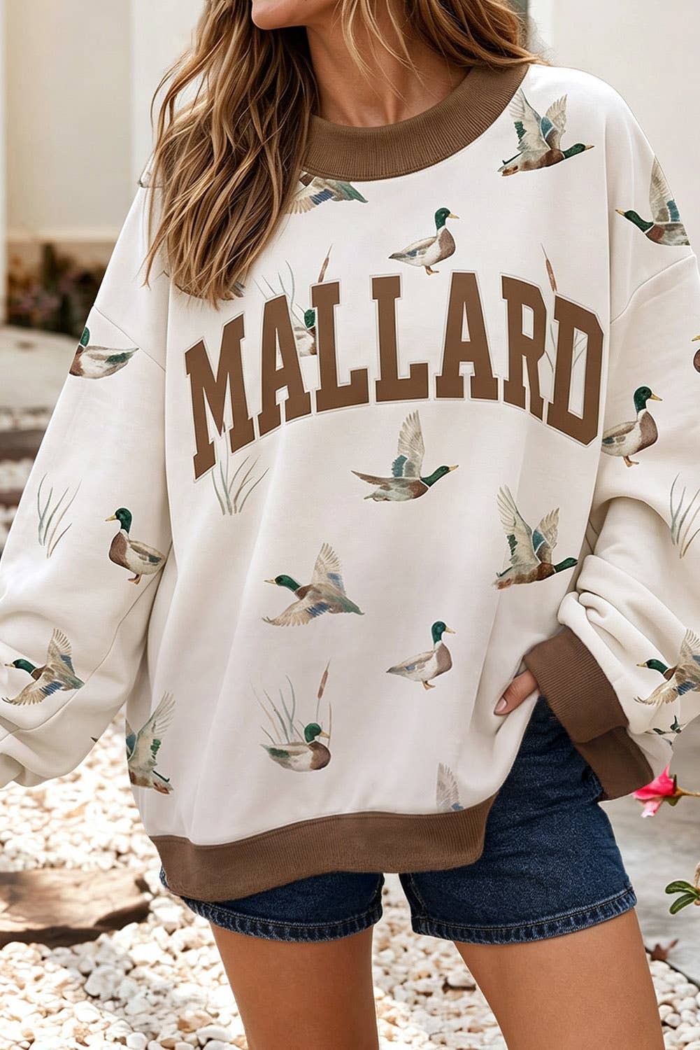 NEW Mallard Duck Trim Oversized Mock Neck Sweatshirt
