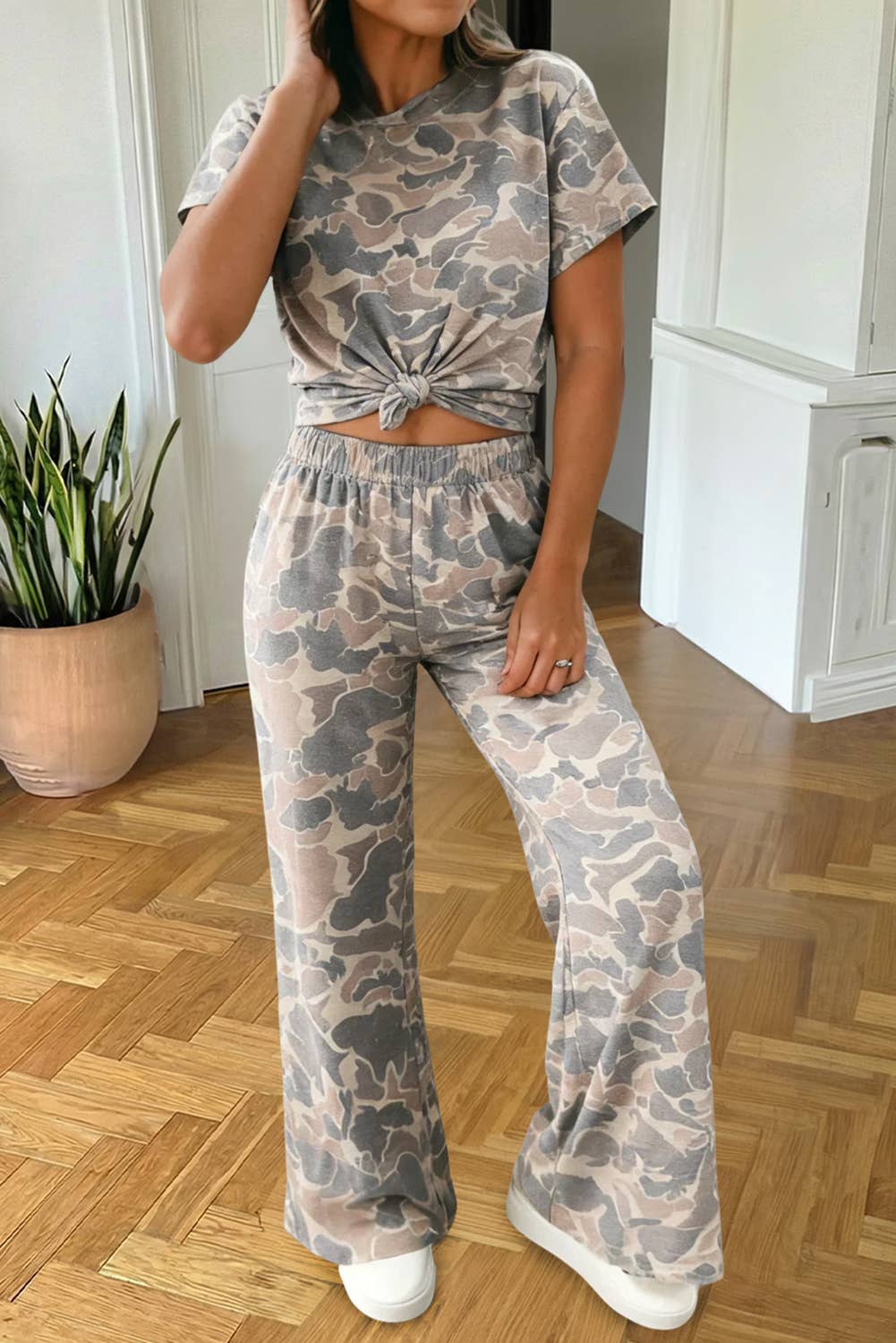 Camo Print Short Sleeve Top 2pcs Pants Set SS26 | S-XL