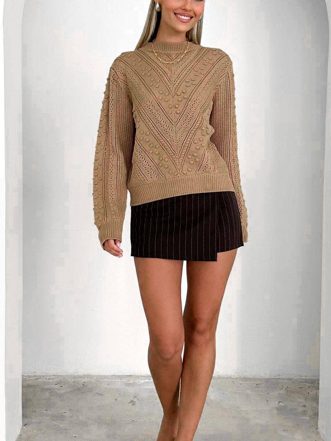 Long Sleeve Textured Knit Sweater with Mock Neck