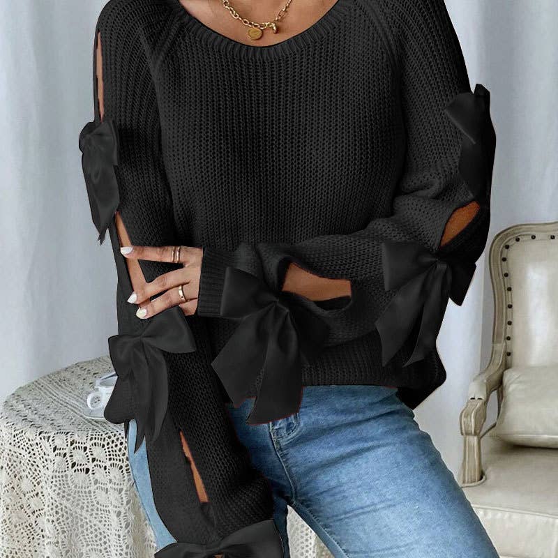 Knit Sweater with Cutout Bow Tie Sleeve Detailing