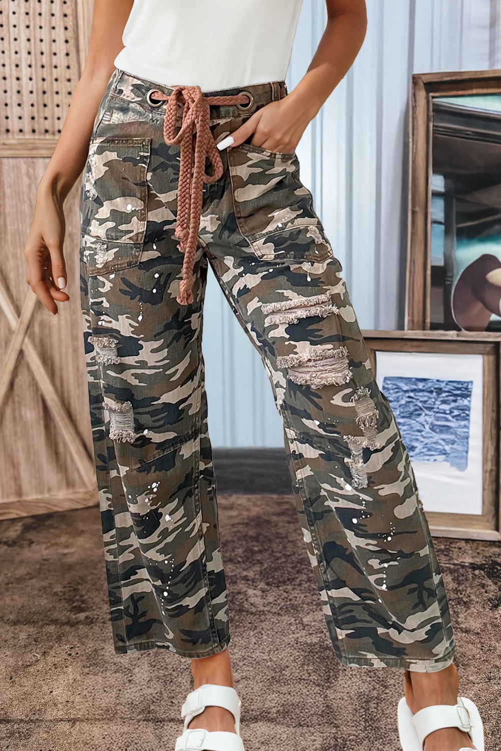Camouflage Print Splashed Distressed Loose Denim Pants